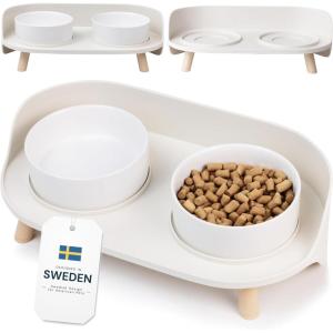 imageMalsiPree Elevated Ceramic Dog ampamp Cat Bowls Set Raised Stand for Small Dogs ampamp All Sized Cats Sand Beige with Splash Guard  Pet BowlsMedium