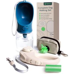 imageMalsiPree Retractable Dog Leash Set with a Poop Bag Holder 12oz Dog Water Bottle Flashlight ampamp 20 Poop Bags  98ft Leash Retractable for Small to Medium Pet Sand ampamp Teal